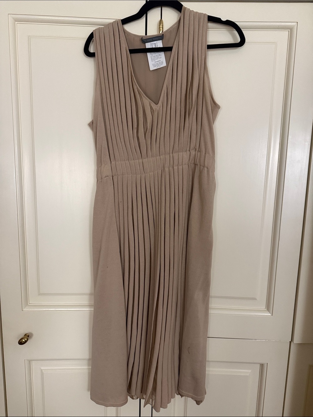 Alberta Ferretti Sleeveless Pleated V-Neck Midi Dress in Taupe. Cocktail style